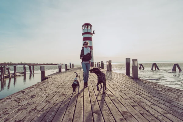 犬と一緒に走っているフィットの女性 — ストック写真