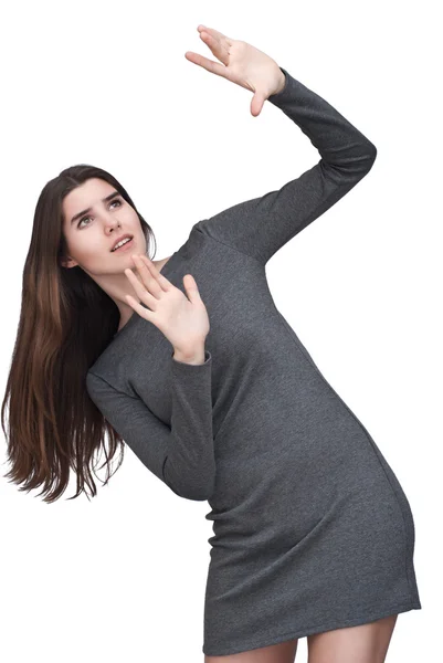 Portrait of beautiful girl in grey dress — Stock Photo, Image