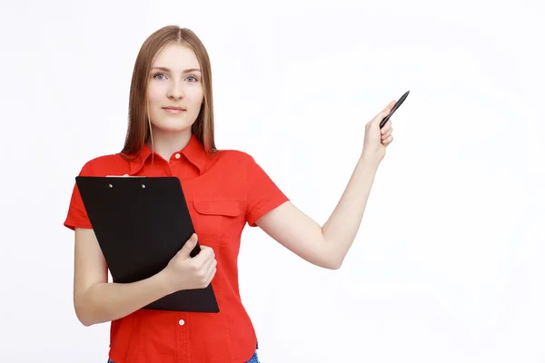 Portret van mooie vrouw in het rood — Stockfoto