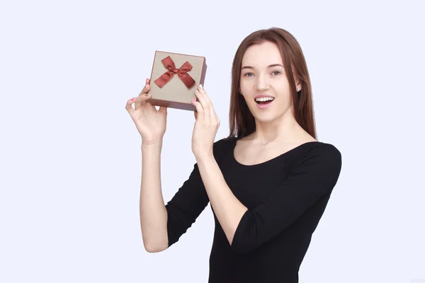 Portrait happy woman in black dress — Stock Photo, Image