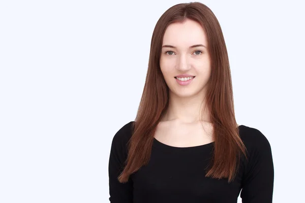 Portrait happy woman in black dress — Stock Photo, Image