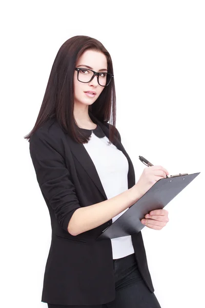 Joven mujer de negocios seria con tableta — Foto de Stock