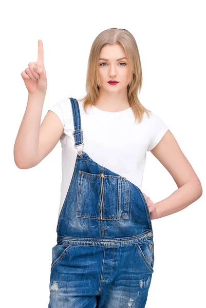 Blond meisje in een blauwe pak — Stockfoto