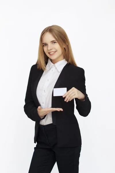 Mujer sosteniendo papel en blanco — Foto de Stock