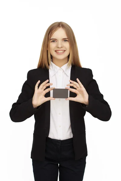 Mujer sosteniendo papel en blanco — Foto de Stock