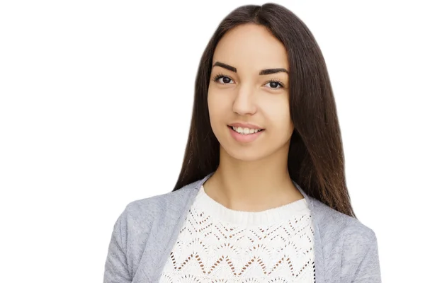 Mujer joven feliz aislada sobre fondo blanco — Foto de Stock