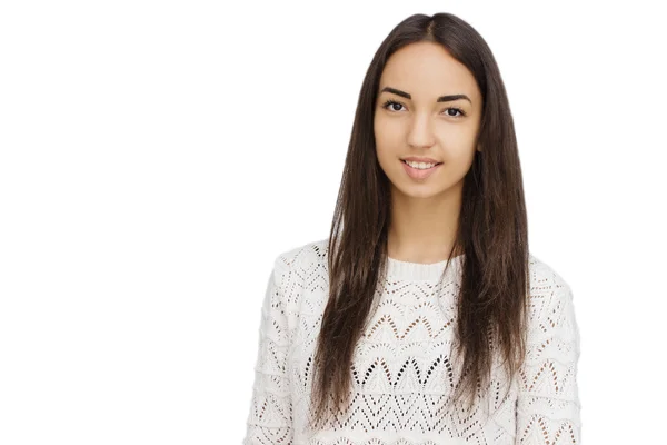 Mujer joven feliz aislada sobre fondo blanco — Foto de Stock