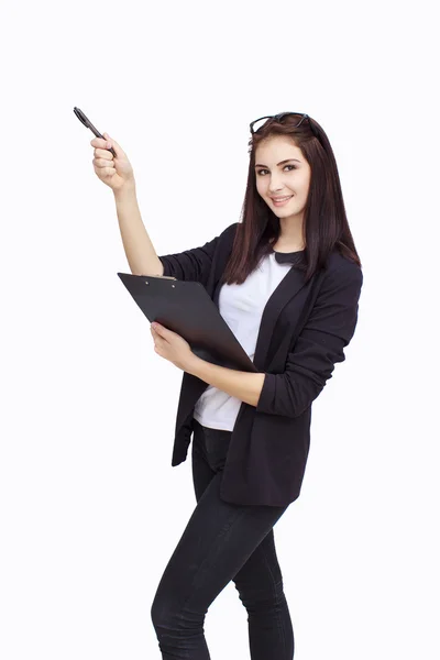 Joven mujer de negocios feliz con tableta — Foto de Stock