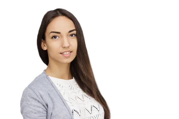 Mujer joven feliz aislada sobre fondo blanco —  Fotos de Stock