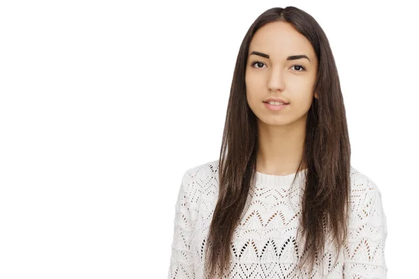 Heureuse jeune femme isolée sur fond blanc — Photo