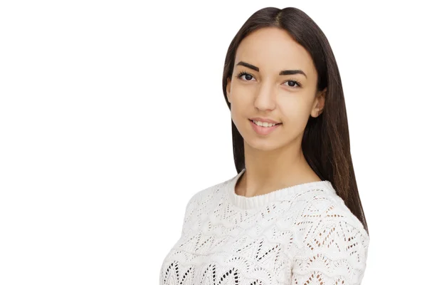 Mujer joven feliz aislada sobre fondo blanco — Foto de Stock