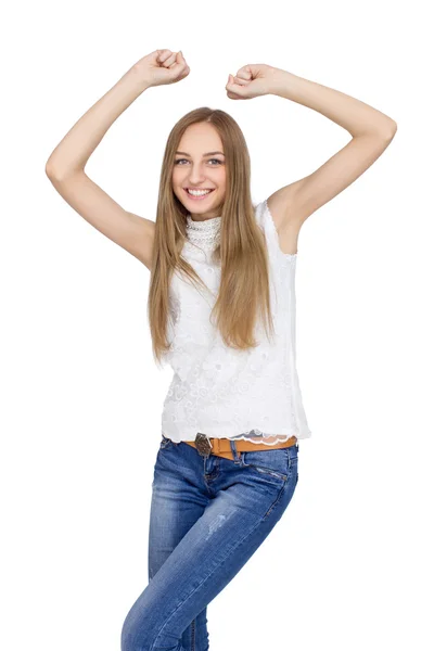 Felice giovane donna isolata su sfondo bianco — Foto Stock