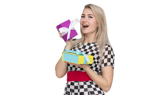 Young woman portrait holding gift — Stock Photo, Image