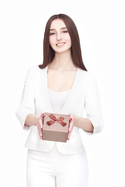 Young woman portrait holding gift — Stock Photo, Image