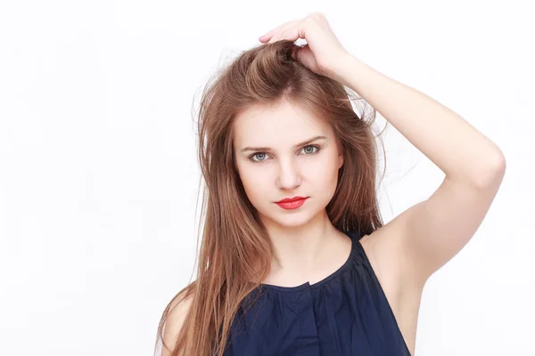 Jovem mulher isolada no fundo branco — Fotografia de Stock