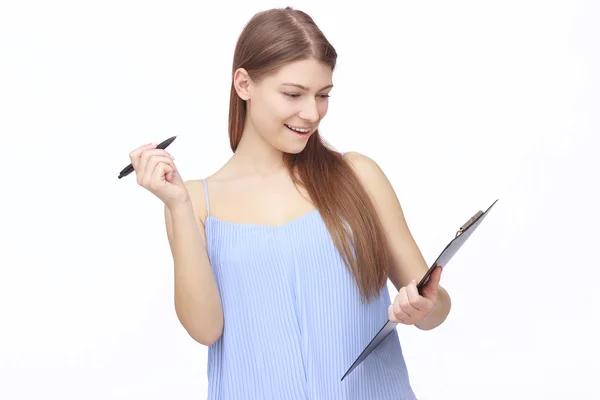 Heureuse jeune femme isolée sur fond blanc — Photo