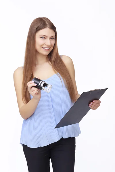 Gelukkig jonge vrouw geïsoleerd op witte achtergrond — Stockfoto