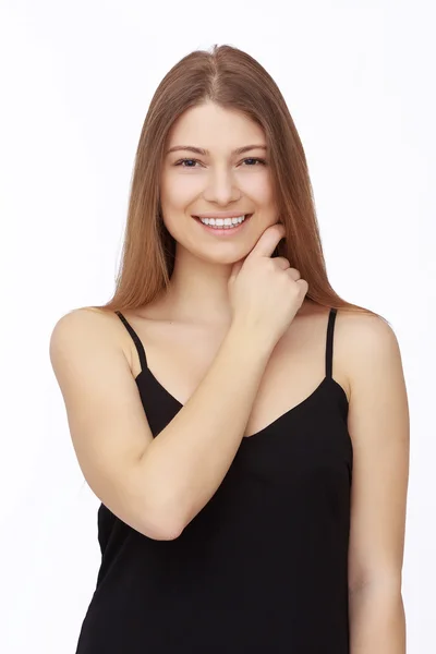 Mujer joven feliz aislada sobre fondo blanco — Foto de Stock