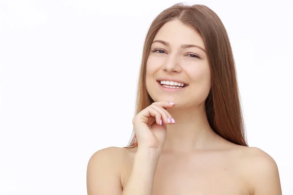 Mujer joven feliz aislada sobre fondo blanco — Foto de Stock