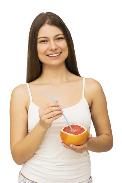 Donna felice con frutta — Foto Stock