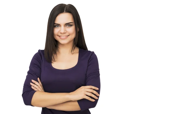 Mujer joven feliz aislada sobre fondo blanco — Foto de Stock