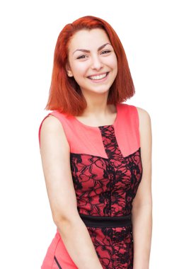 Pembe elbiseli güzel bir kadın.