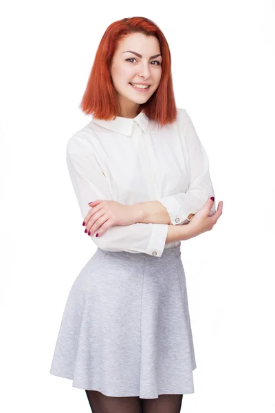Щаслива молода жінка ізольована на білому тлі — стокове фото