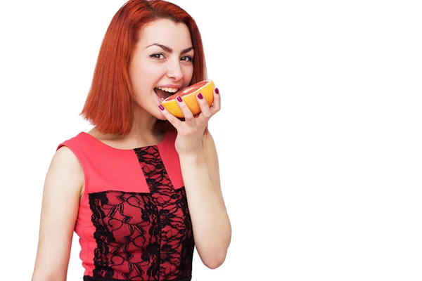 Mulher bonita em rosa com frutas — Fotografia de Stock