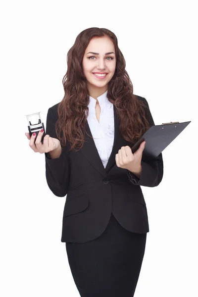 Mujer joven feliz aislada sobre fondo blanco — Foto de Stock