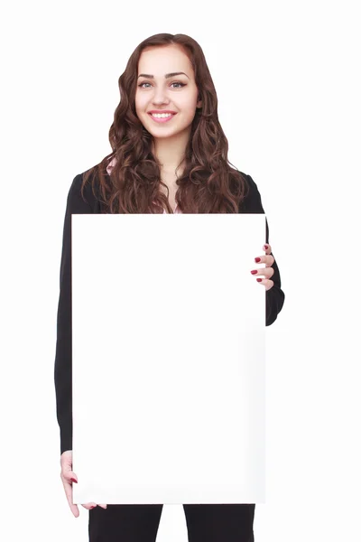 Boldog asszony fehér üres papír tartó — Stock Fotó