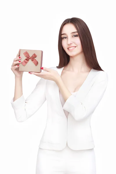 Young woman portrait holding gift — Stock Photo, Image
