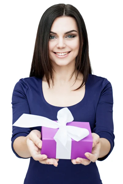 Young woman portrait holding gift — Stock Photo, Image