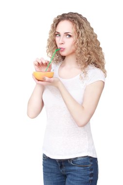 meyve suyu ile mutlu kadın