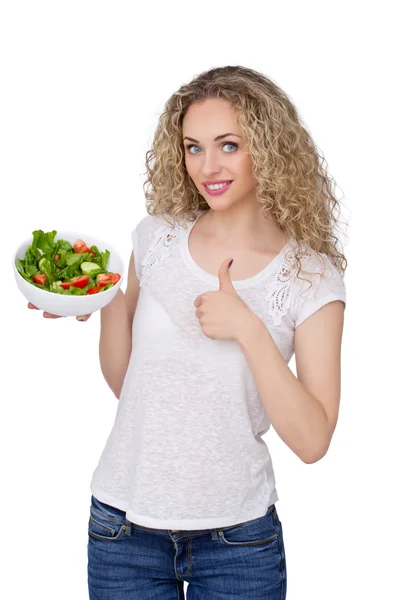 Kadın modeli tutun yeşil salata — Stok fotoğraf