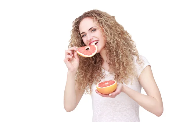 Šťastná žena s ovocem — Stock fotografie
