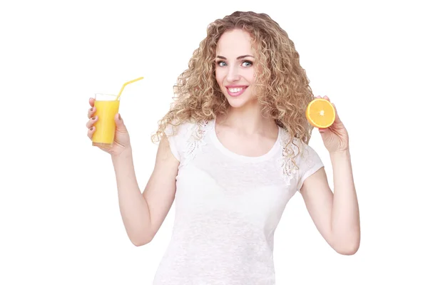Donna felice con succo di frutta — Foto Stock