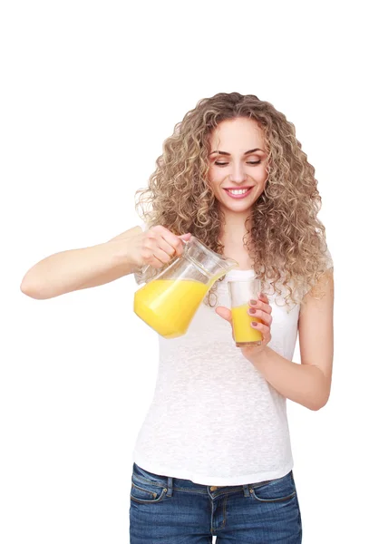 Mulher feliz com suco de frutas — Fotografia de Stock