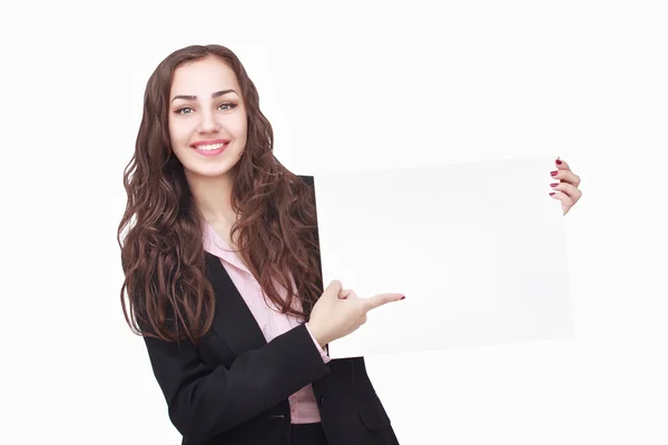 Happy woman holding white blank paper — Stock Photo, Image