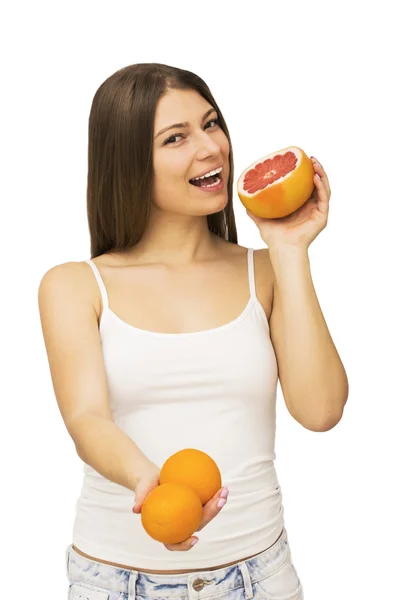 Счастливая женщина с фруктами — стоковое фото