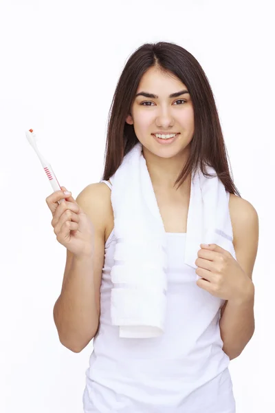 Happy young woman isolated on white background — Stock Photo, Image