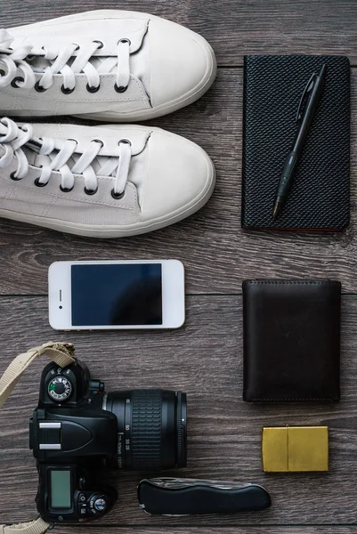 Different objects on wooden background — Stock Photo, Image