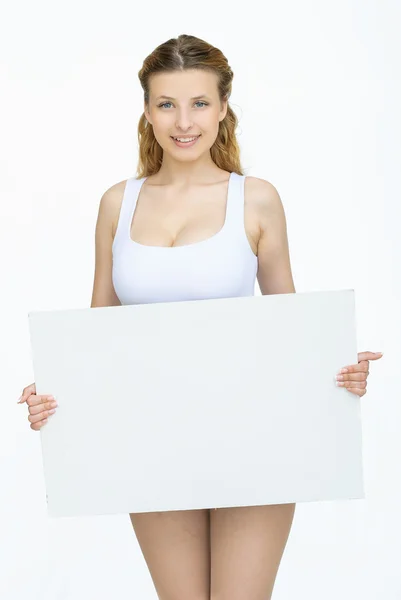 Young lachende vrouw Toon lege kaart of papier — Stockfoto