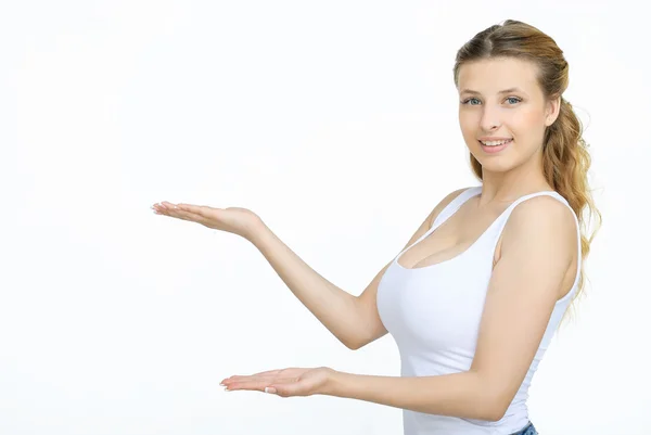 Frau zeigt etwas mit offener Handfläche — Stockfoto