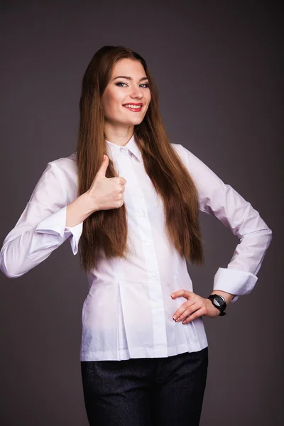 Woman shows thumb up — Stock Photo, Image