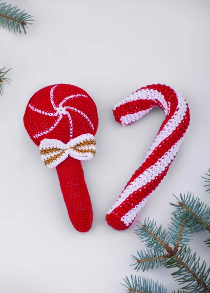 Christmas knitted candy canes — Stock Photo, Image