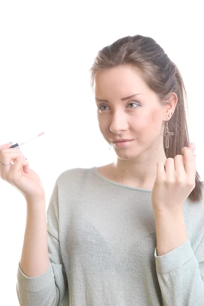 Sensual young woman with lipstick gloss — Stock Photo, Image