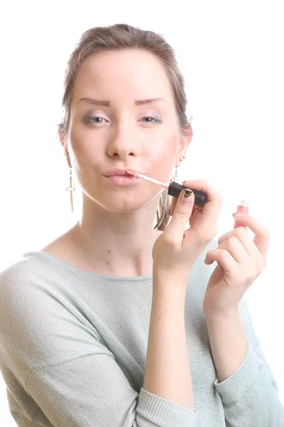 Sensual young woman with lipstick gloss — Stock Photo, Image