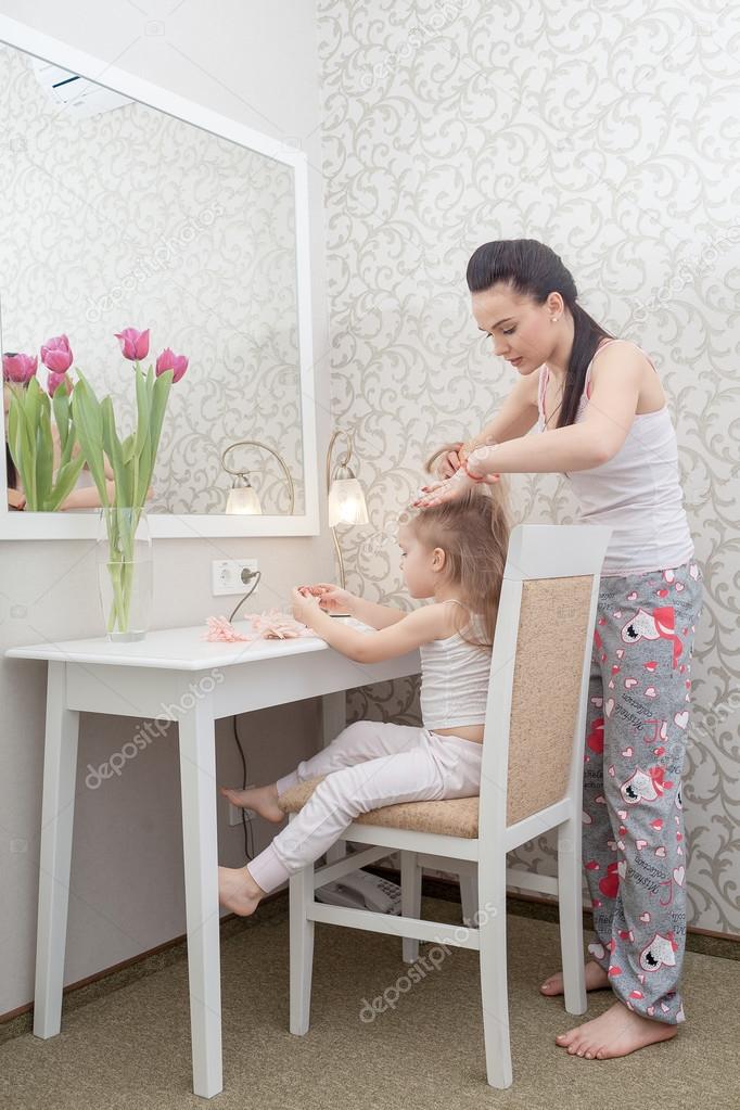 Mother and daughter near mirror