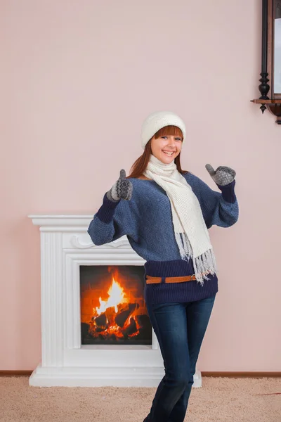 Young funny girl in mittens — Stock Photo, Image