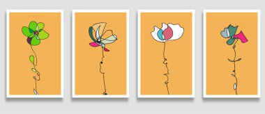 Bir dizi soyut renkli çiçek arkaplanı ve el çizimi çiçekler.